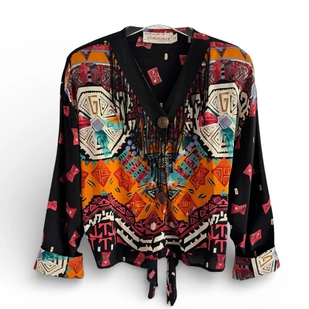 Vintage Marsha and Julio for Componix Boho Art Shirt 80s 90s Statement Top SZ 8 - Picture 6 of 12